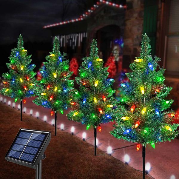 Windpnn Upgraded 4-Pack Solar Christmas Garden Stake Lights, Decorative Xmas Tree Solar Christmas Yard Stake Outdoor Waterproof Christmas Pathway Lights for Christmas Decoration Garden Patio Yard