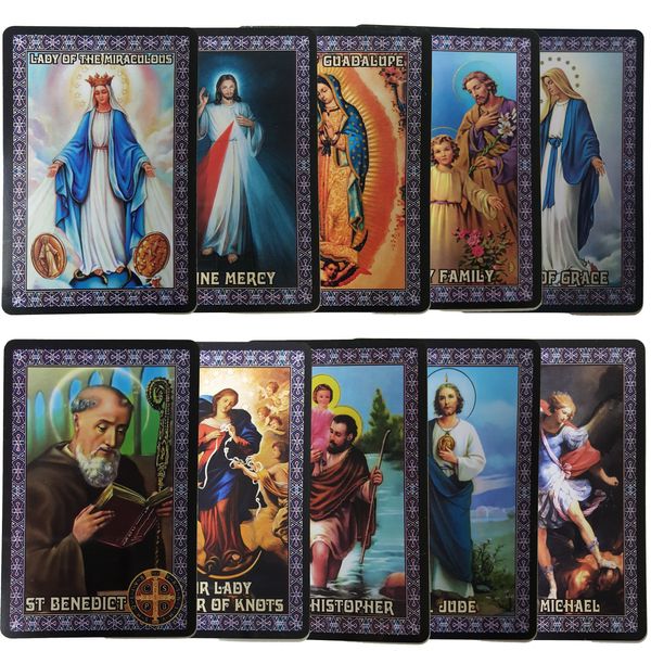 Catholic SET of 10 Holy Prayer Cards - New Plastic material! St Benedict St Jude St Michael St Christopher Holy Family L of Guadalupe L of Miraculous L of Grace L undoer of Knots Divine Mercy