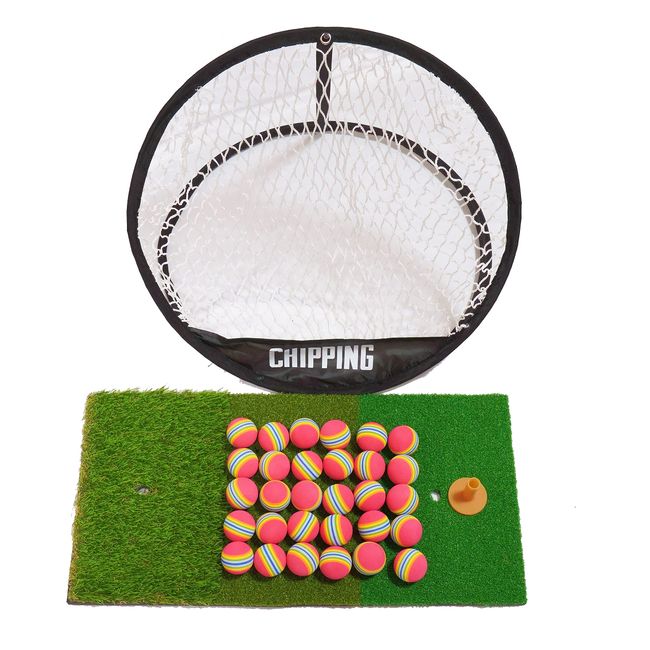 Good Company Golf Shot Mat with 3 Types of Grass and Chipping Net with 30 Practice Balls