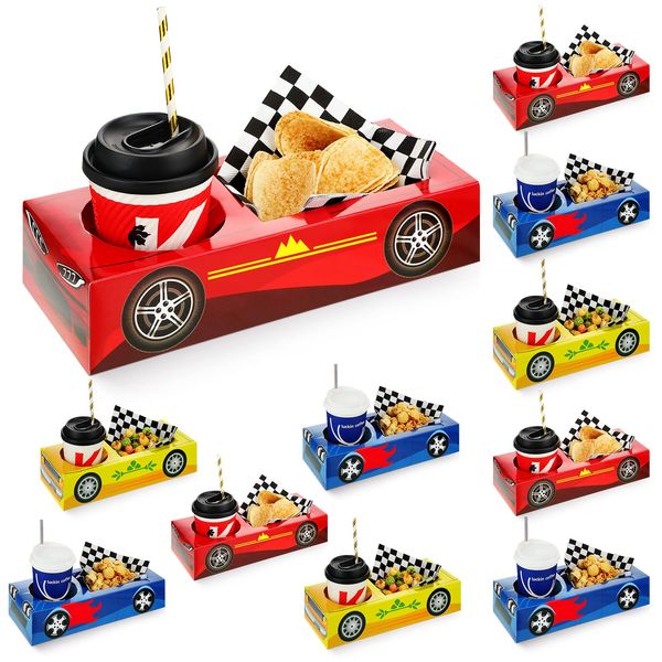 Lincia 12 Pieces Race Car Party Food Boxes Car Birthday Party Supplies Food Trays with Snack and Drinks Boxes and 1 Pack Checkered Napkin for Birthday Race Car Themed Party Supplies (Red,Blue,Yellow)