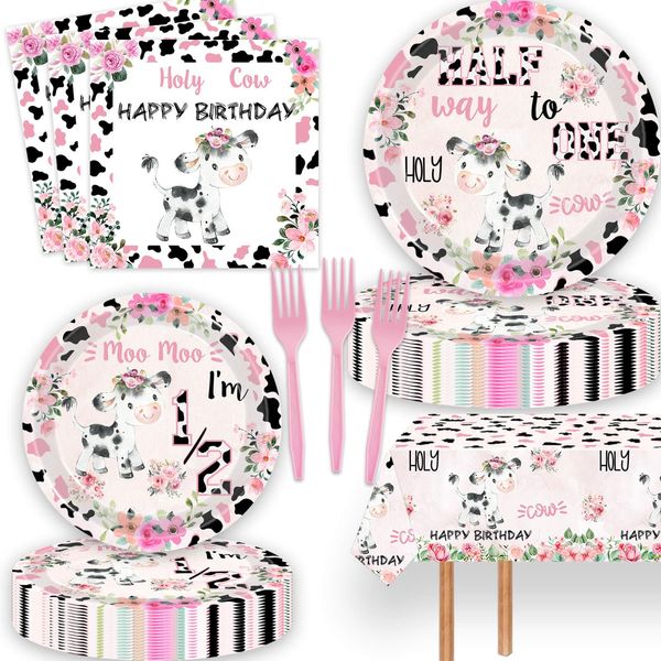 51 Pcs Holy Cow I'm 1/2 Birthday Party Supplies Moo Moo Half Way To 1st Tablecloth Paper Plates Napkins Forks Dinnerware for Farm Animals Cow Girls Baby Shower Half Birthday Party Supplies Decorations