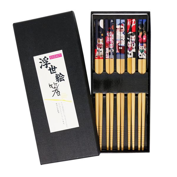 EXZACT Chopsticks Gift Box - 5 Pairs of Reusable Bamboo Chopsticks in a Beautiful Black Handmade Box -Japanese Lucky Cat/Fortune Cat