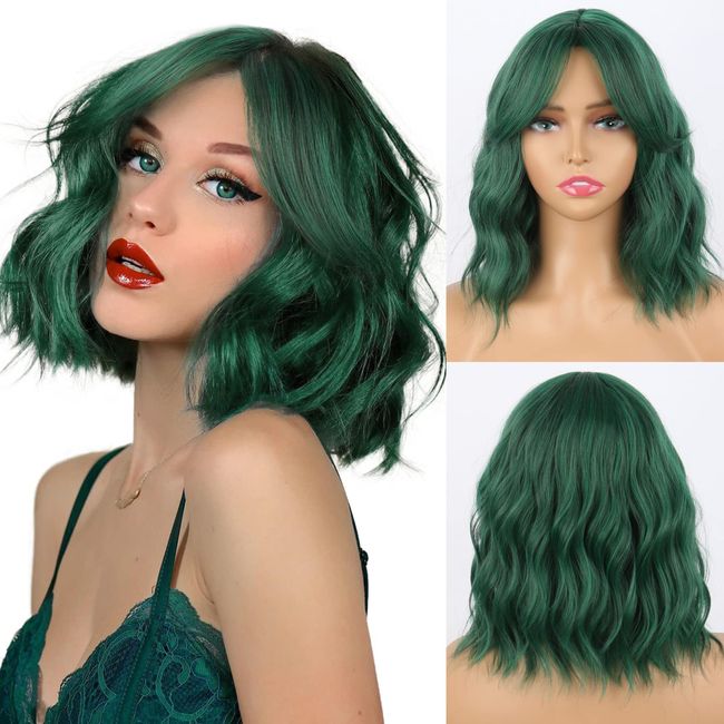 Dark Green Wavy Bob Wig with Curtain Bangs Synthetic Short Green Curly Bob Wigs with Bangs for Women Bob Curly Wavy Wig Natural Hair Shoulder Length Wigs for Women(Green)