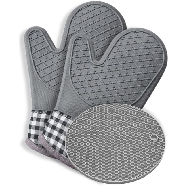 (Supervised by Professional Cooking Professionals) Silicone Heat-resistant Mittens, Potholder with Extra Extra Space for Oven Top Plate, Double Layer Construction, Heat Resistant, Non-Slip, Uneven