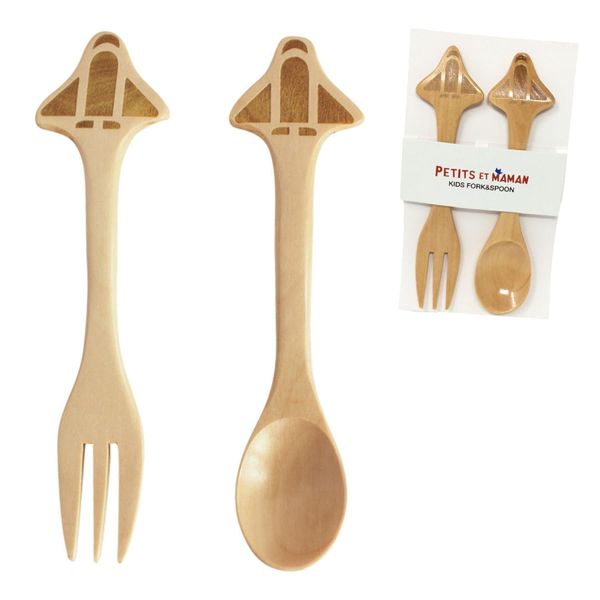 SPICE OF LIFE SFPJ1603 Wooden Tableware, Kids Wood Fork & Spoon Set, Petit Maman, Rocket, Baby Food, Baby Shower, Gift for Kids