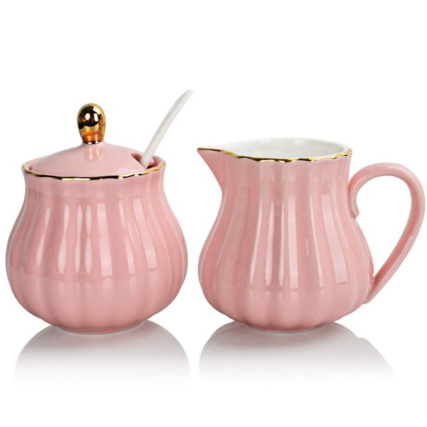 Sweejar Home Royal Ceramic Sugar and Creamer Set, 3 Piece Set with Cream Pitcher, Sugar Bowl, Sugar Set with Lid & Spoon, Coffee Serving Set Wedding Gift(Pink)