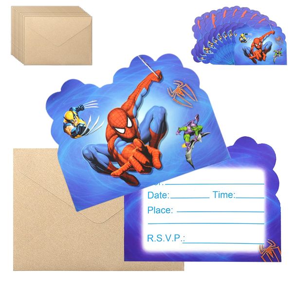 10Pcs Spiderman Party Invitations for Kids,Spider Party Invitations Kids Birthday Party Invitations with Envelopes, Double Sided Hero Theme Invites Cards for Birthday Boys Girls Party