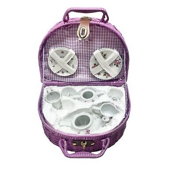 Porcelain Miniature Picnic Tea Set pretend play with Wicker Carrying Case purple