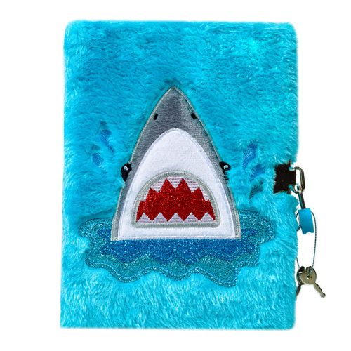 SuperStyle Diary for Boys with Lock and Keys, Cute Shark Plush Diary Secret Diary, Writing Journal Lined Pages Notebook Side Pocket Design Gift Set for Kids