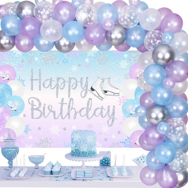 Ice Skating Birthday Party Decorations, Winter Birthday Party Decorations for Girl - Ice Skating Happy Birthday Backdrop, Snow Balloon Garland Kit, Ice Skate Birthday Party Supplies