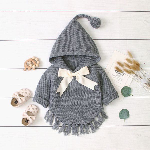 Baby Girl 1pcs Solid Color Big Bow Tie Patched Design Shawl Kniited Hoodies With Hat - 80 (9-12M) / Grey