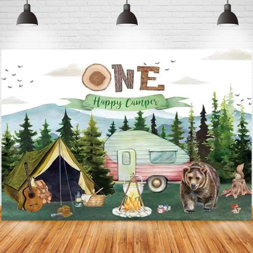 Forest Camping Birthday Backdrops Boy's Adventure 1st Happy Camper Birthday Party Decoration Tent Bus Campfire Bear Fox Decor Newborn Baby Shower Party Portrait Background,7X5FT