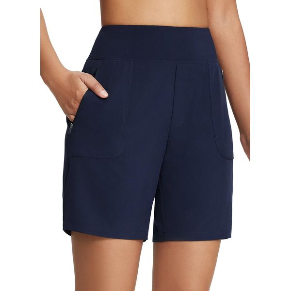 BALEAF Running Shorts Womens High Waisted 2 in 1 Long Shorts Soft Gym Hiking with Zipper Pockets Navy L