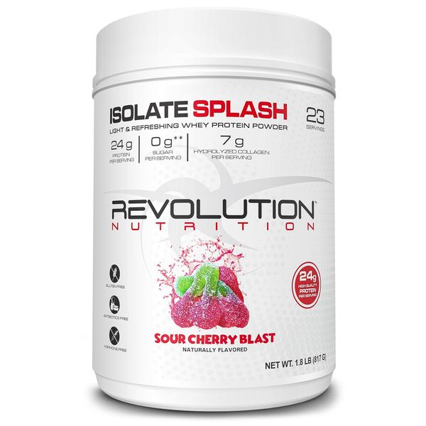 Revolution Nutrition, Isolate Splash, Clear Whey Protein Powder, Juice-Type Protein, Candy Flavour, Collagen, 24g of Protein Per Scoop, Zero Sugar, 817g, 23 Servings (Sour Cherry, 1.8 Pound)