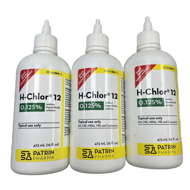 H-Chlor 12 WOUND WASH Effective MRSA & VRE 16oz ( 3 pack )  ~