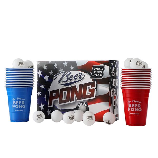 Beer Pong Set 48 PCS USA Colours American Adult Indoor Novelty Party Drinking Game Olympics 24 Re-usable Cups and 24 High Bounce Balls Great For United States National Days