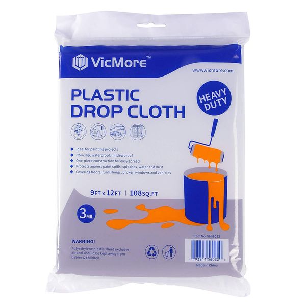 VICMORE Heavy Duty Plastic Drop Cloth 9x12 Ft - 3 Mil Durable Painters Tarp, Waterproof & Clear Painting Cover