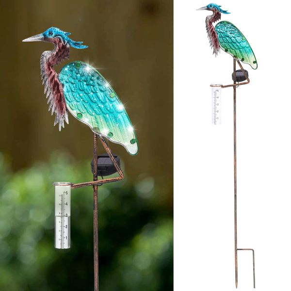 LEWIS&WAYNE 43’’ Solar Heron Rain Gauge Outdoor Decorative Metal Stake LED Lights with Glass Tube Solar Pathway Lights for Garden, Yard, Patio, Lawn Decor