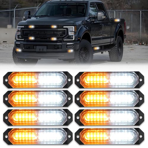 OFFKAT Upgraded 8 PCS [SUPER BRIGHT] 12-LED Sync Feature Emergency Strobe Lights for Truck, [20 FLASHING MODES] Amber & White Strobe Lights, Ultra Slim Flashing Lights for Vehicle/Car/ATV/UTV