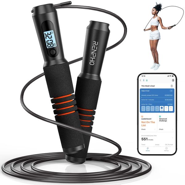 RENPHO Jump Rope, Connected with Apps, for Training, Jump Data Intelligence, Free Jump, Count Down Function, Timer Function, Syncing to Other Health Apps, Calorie Burning, Rope Length Adjustable, For