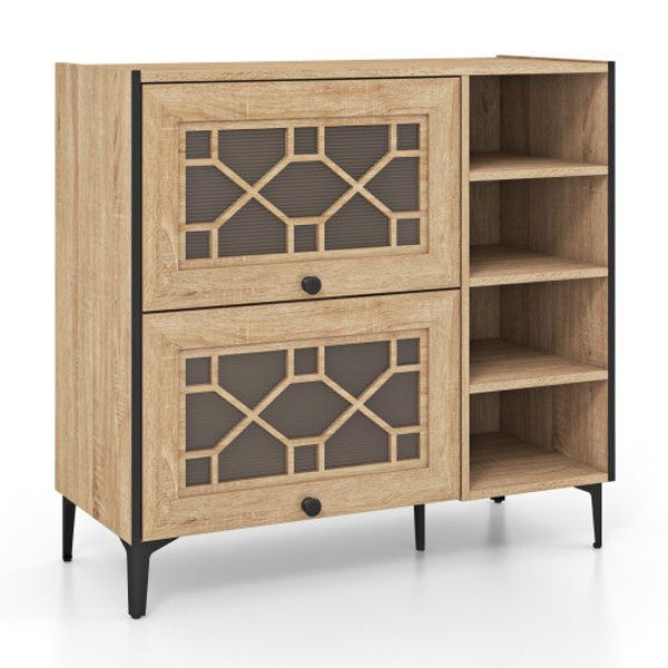 Rustic Shoe Cabinet with Flip-up See-through Doors and Adjustable Shelves-Oak