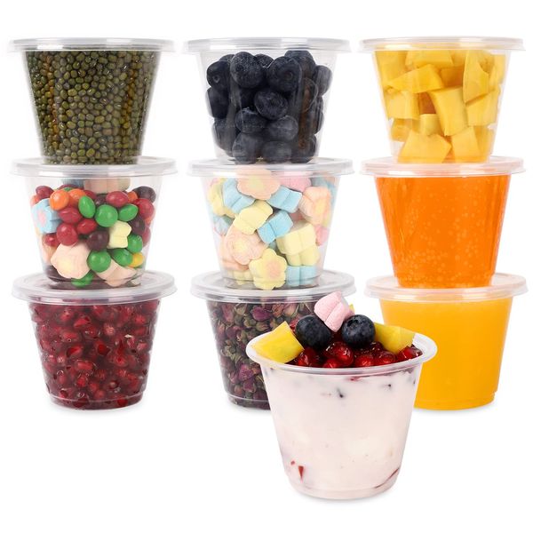 PROJA [50Set,9OZ Parfait Cups with Flat Lids (No Straw Hole), Banana Pudding Cups, Dessert Bowls, to-go Little Plastic Food Containers for Yogurt Parfaits, Soups,Snacks, Jello (9oz.)