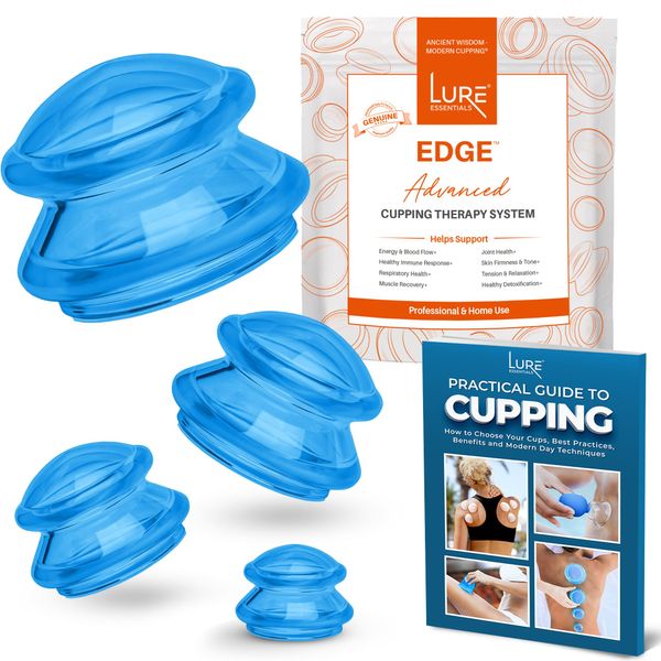 LURE Essentials Edge Cupping Set – Ultra Clear Blue Silicone Cupping Therapy Set for Cellulite Reduction and Myofascial Release - Massage Therapists and Home Use (Set of 4, Blue)