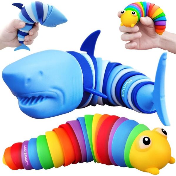 LUSTERMOON 2 Pieces Articulated Fidget Toy, Rainbow Caterpillar Toy Ocean Shark Decompression Toys, Stim Toy Decompression Fun Autism ADHD Fidgeting Children's Toys Adults (Shark and Caterpillar)