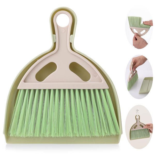 cobee Small Broom and Dustpan Cleaning Set, Mini Whisk Dustpan and Brush with Handle Portable Table Top Dust Pan Dining Table Crumb Sweeper Cleaning Tools with Soft Bristles for Housekeeping(Green)