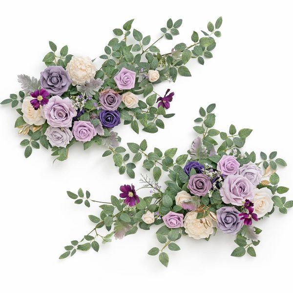 Ling's Moment 2pcs Artificial Floral Swags Centerpieces, Wedding Flower Greenery Arrangements for Sweetheart/Head Table Decor Wedding Car Wall Window Arch Home Garden Decor | Lilac & Gold