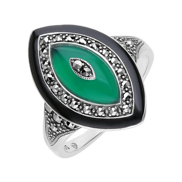Esse Marcasite Sterling Silver Black Enamel Green Chalcedony & Marcasite Statement Ring (O)