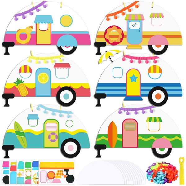 Spakon 30 Sets Beach Camping Paper Plate Craft for Kid Classroom DIY Camper Craft Kit Make Your Own Beach Camper Craft Summer Beach Camper Theme Party Supplies for Toddler Bible School Home Activities