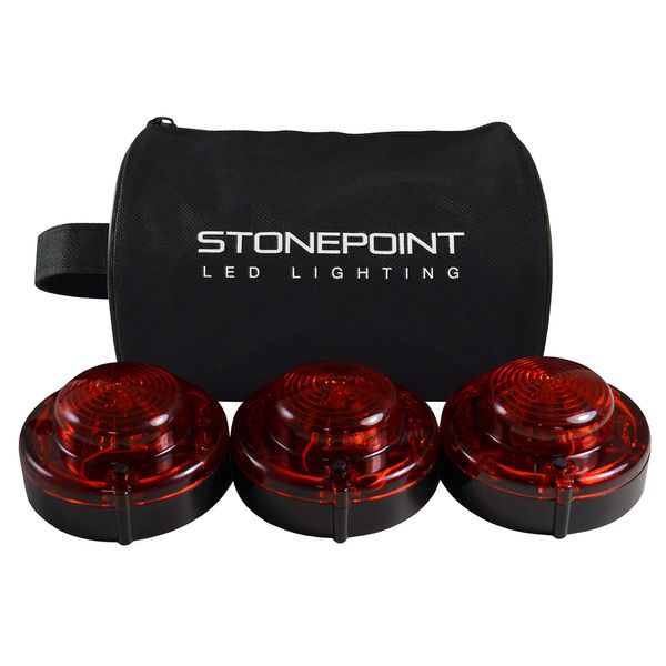 StonePoint LED Lighting Emergency LED Road Flare Kit Set of 3 LED Bright Roadside Beacons with Magnetic Base Flashing or Steady Red Lights Includes Storage Bag