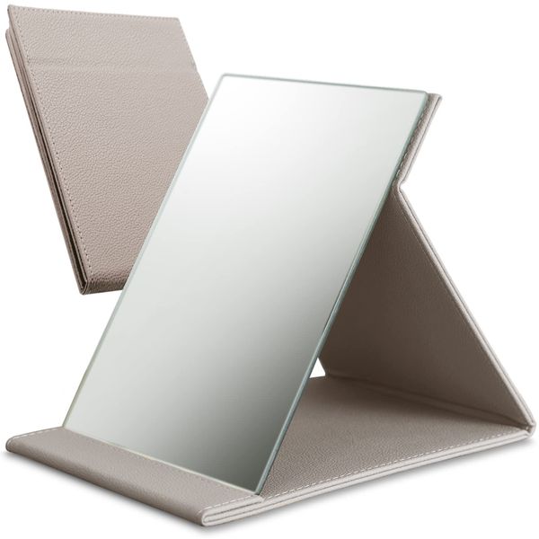 ICHIFUJI Stand Mirror, Tabletop Mirror, Stand Mirror, Cosmetic Mirror, Angle Adjustable, Foldable, (LL, Greige)