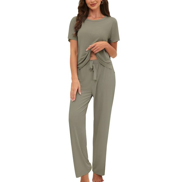 UMBY Pajamas for Women Set Round Collar Soft Loungewear 2 Piece Pj Set Sleepwear Short Sleeve Tops with Long Pants Green