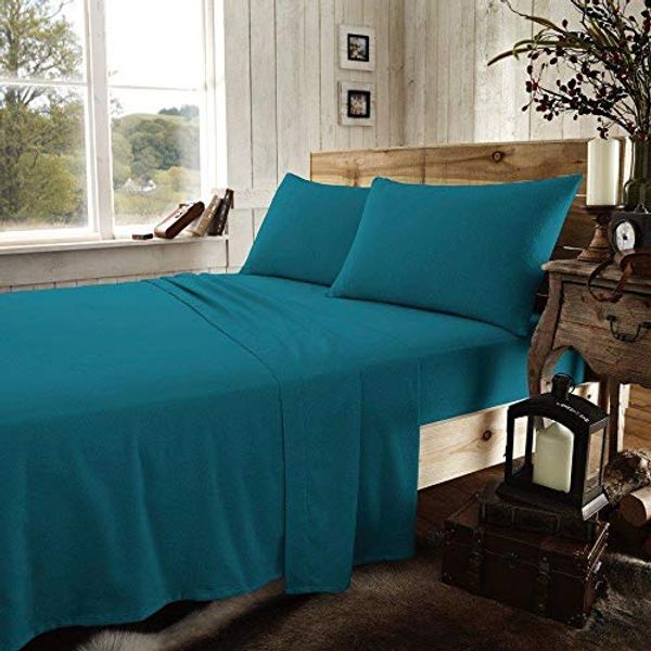 Slumber Nights Thermal Flannel Flat Sheet Plain Brushed Cotton Winter Warm Bedding (Teal, King Flat Sheet)