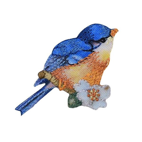 Bluebird - Facing Right - White Flowers - Natural Bird - Embroidered Iron on Patch