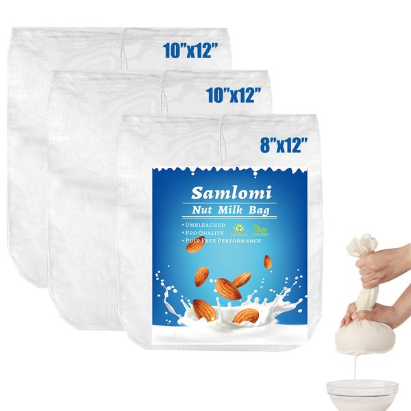 Samlomi Nut Milk Bag 3 Pack Reusable Nylon Straining Bags, Milk Nut Bag Mesh Strainer, Cheesecloth Bags for Straining Almond/Soy Milk Greek Yogurt(8"x12" & 2 * 10"x12")