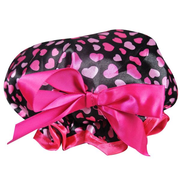 Bowbear Women's Stylish & Fun Satin Shower Caps, Hearts Pink Bow