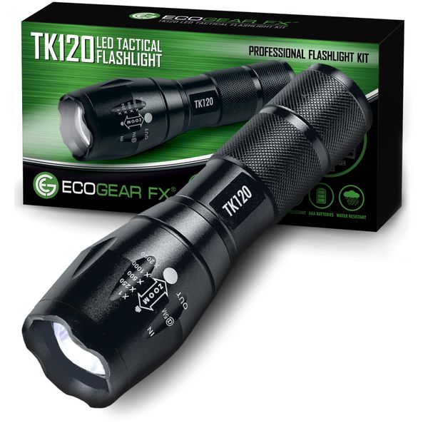 EcoGear FX Complete LED Tactical Flashlight Kit TK120 Flashlight with Rechargeable Battery: High Lumens with 5 Light Modes, Water Resistant, Adjustable Focus Zoom