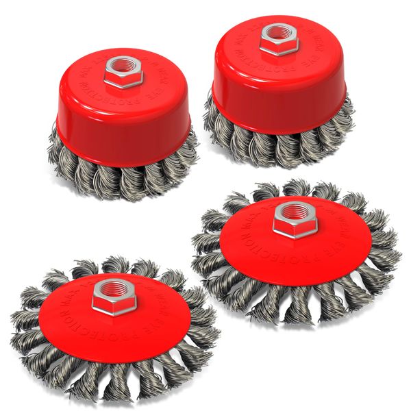 BLOSTM Twist Knot Wire Brush Set 4 PCS - Angle Grinder Wire Brush Set for Paint & Rust Removal, Weld Cleaning, Fits Any 115mm Angle Grinder With M14 Thread, Brush Sizes 75mm (3") Cup & 100mm (4") Flat