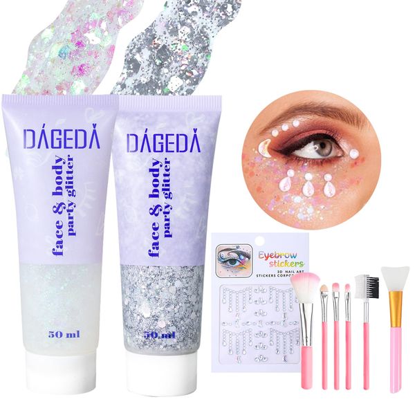 U-Shinein Body Glitter Gel 100ml, Face Glitters with Brush Set, Face Hair Nails Chunky Glitter, Body Gel Sequins Shimmer Liquid Eyeshadow, Holographic Cosmetic Festival Glitter Makeup(White+Silver)