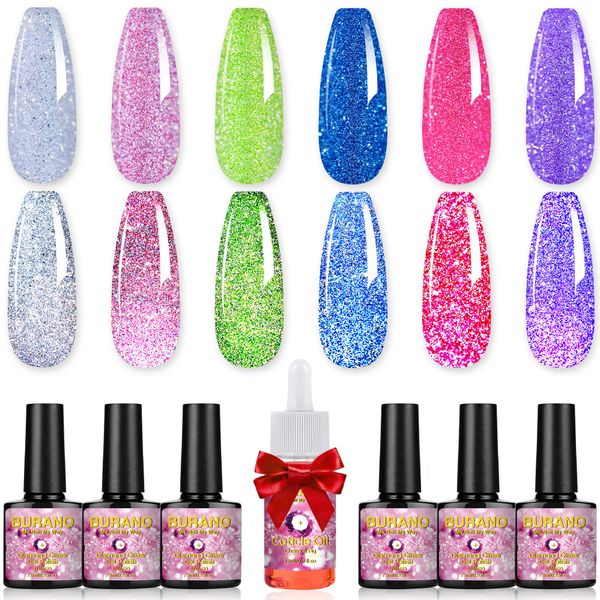 BURANO Reflective Glitter Gel Polish, Rose Blue Purple Silver Holographic Glitter Gel Nail Polish, Soak Off Disco Gel Polish with Cuticle Oil Gift UV Lamp Required