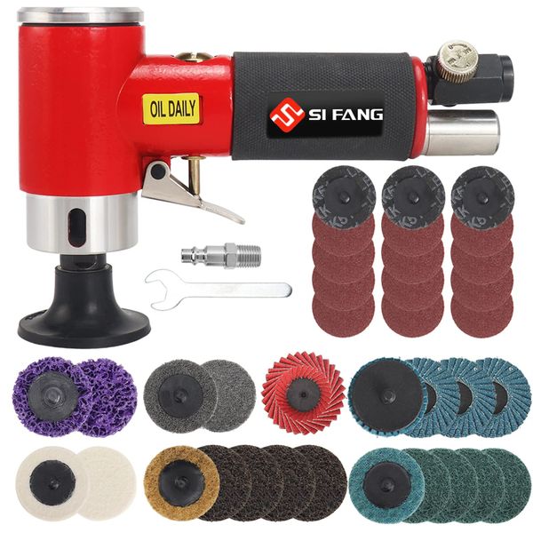 SI FANG 2 Inch Pneumatic Mini Orbital Sander Right Angle Air Die Grinder, Surface Prep Rotary Tool Polisher Kit with Various Quick Change Roll Lock Sanding Discs [Upgraded Polishing and Grinding]