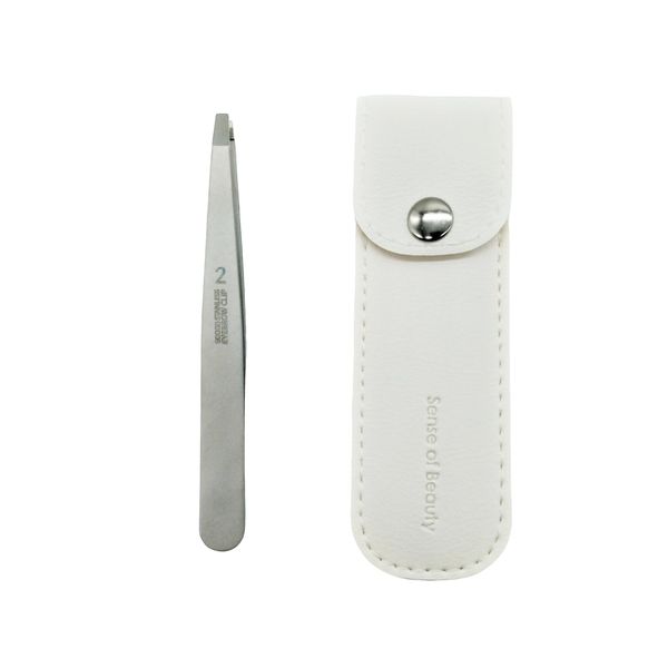 COZENTA Tweezers, Precision, Flat, Beard, Eyebrow, Square Plug, Genuine Leather Storage Case (Flat Mouth)