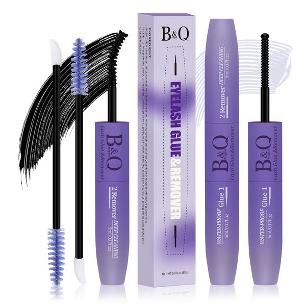 B&Qaugen Lash Cluster Glue and Remover Cluster Lash Glue for DIY Lash Extension 10ML Strong Hold Lash Bond Clear Lash Remover for Cluster Lashes with Clean Brush Eyelash Bond Oil Remover (Black Glue)