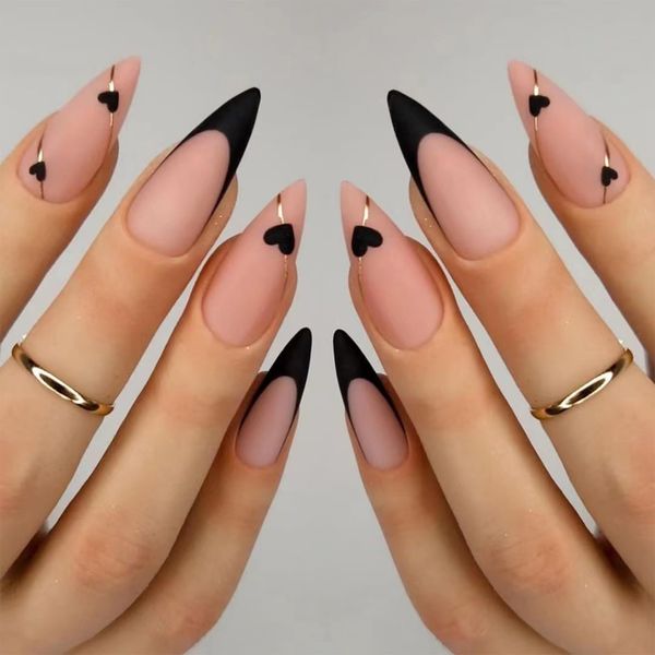 24pcs Short Almond False Nails French Tip, Matte Pink Stick on Nails Black Heart French Press on Nails Removable Glue-on Nails Fake Nails Women Girls Nail Art Accessories