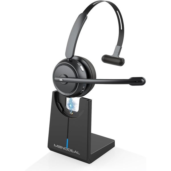 Monodeal Wireless Headset,Bluetooth Headset With Microphone, Wireless Headphones with AI Noise Canceling and Mute Button, 65 Hours Working Time, Charging Base for Work PC Call Center Office¡­