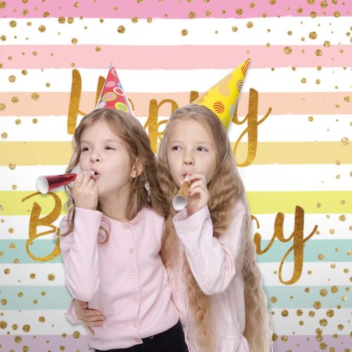 Funnytree Colorful Happy Birthday Backdrop Rainbow Stripes Bday Kid Girl Baby Shower Party Banner Decoration Supplies Favors Gifts Table Photography Background Photobooth Prop