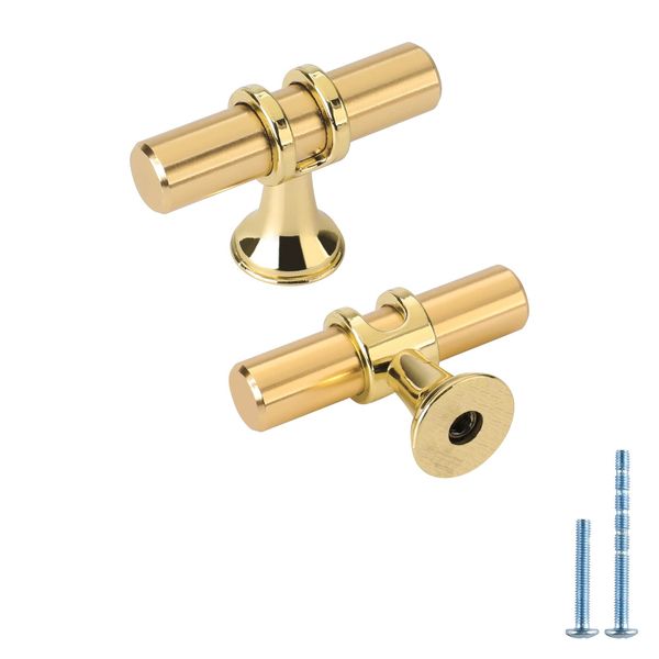 LONTAN 10 Pack Gold Brass Kitchen Cabinets Knobs Dresser Knobs T Bar Solid Cabinet Hardware Drawer Knobs Single Hole Brushed Brass Knobs for Dresser Drawers